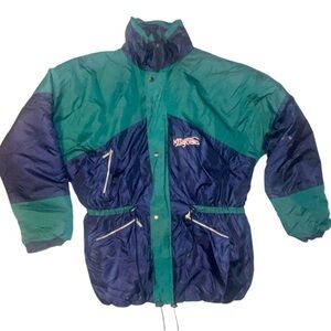 Vintage 90s Kuguar Puffer Ski Jacket Teal Navy Colorblock Cinch Waist Size XXL